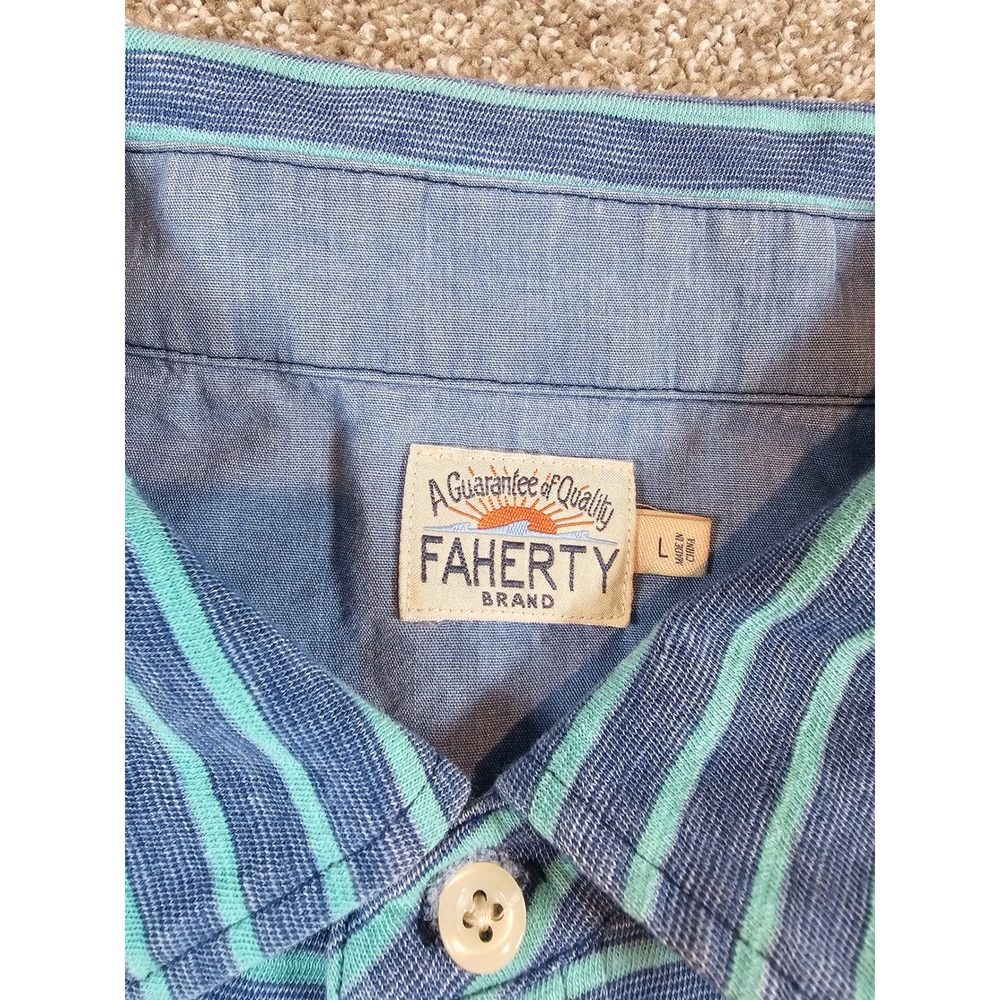 Faherty Brand Mens Large Indigo Dyed Striped Short Sleeve Polo Shirt Blue Green - Picture 7 of 15